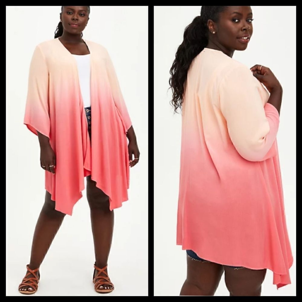 1X 14W 16W Torrid Pink Coral Ombre Kimono Cardigan Chiffon Drape Front Woven NWT